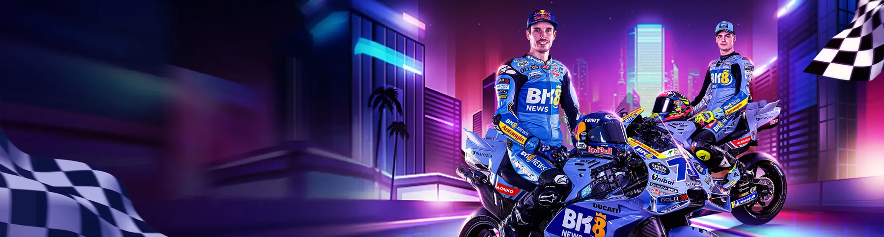 BK8 Gresini Racing MotoGP riders and bike in BK8 News livery against a neon city skyline