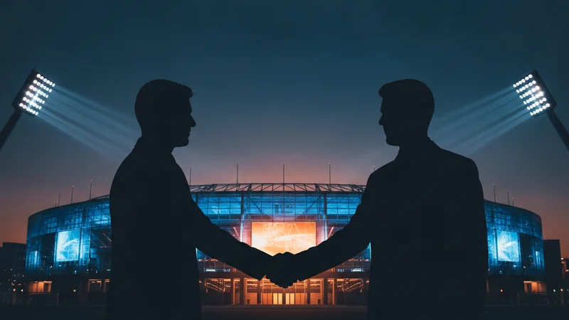 Silhouettes shaking hands at a stadium at dusk, symbolizing an online casino and sports betting partnership.